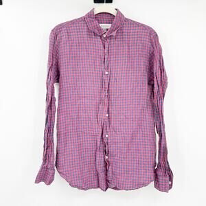 Barneys New York Mens Beachy Gingham Plaid 100% Linen Button Up Shirt‎ Size S